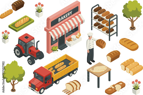 Isometric bakery illustration with bread production process, delivery truck, tractor, baker character, fresh loaves, storefront and farm supply chain