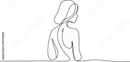 Naked woman standing back one line drawing. one line Icon drawing