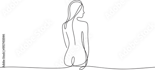 Naked woman standing back one line drawing. one line Icon drawing