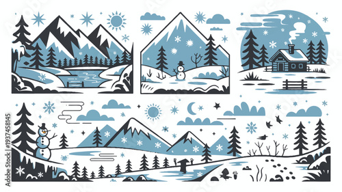 Whimsical winter landscape illustrations featuring snowy mountains, forests, cabins, and snowmen in a stylized blue and white palette