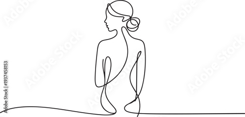 Naked woman standing back one line drawing. one line Icon drawing