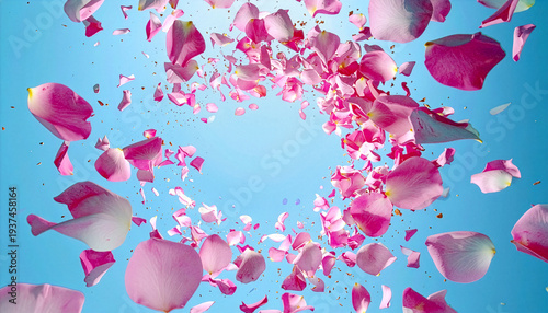 舞い落ちるピンクの花びらと青空