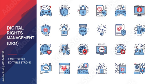 Digital Rights Management DRM Icons And Text On Blue Red Background copyright protection
