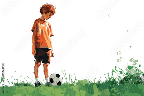 boy balancing a soccer ball on his foot in the backya fun isolated