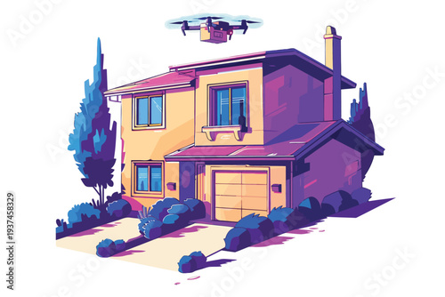Delivery drone dropping package at a residential door demand isolated