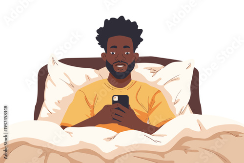 happy black man using phone in bed application isolated