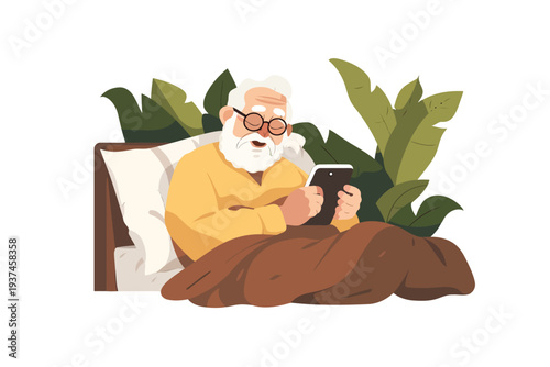 happy old man using phone in bed computer isolated