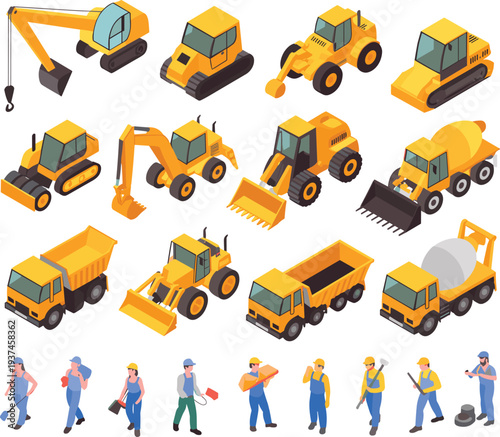 Isometric construction machinery and workers vector illustration set with excavators, loaders, trucks and heavy equipment for building industry