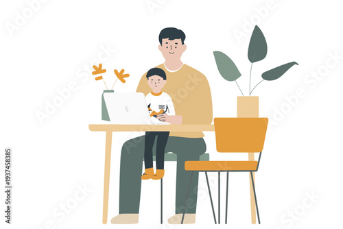 man balancing work and parenting participating in a v happy isolated