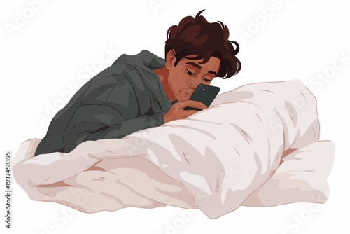 man using phone in bed flat isolated
