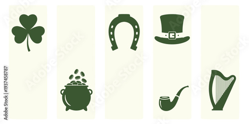 Collection of green icons representing symbols of good fortune culture and celebration