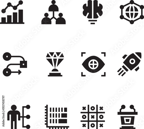 Business Strategy and Management Glyph Icon Set, Set of Business Strategy and Management Glyph Icons Vector Illustration, Minimalist Corporate Vision and Data Analytics Pictograms