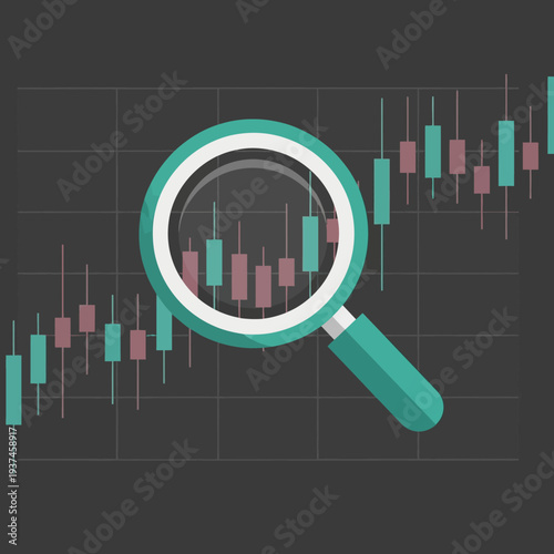 Magnifying glass on stock market graph.