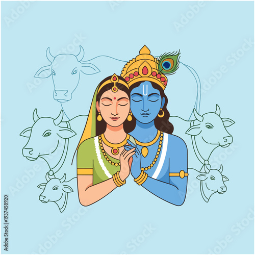 Lord Krishna and Radha depicted in a serene embrace, surrounded by gentle cows, symbolizing divine love and pastoral harmony.