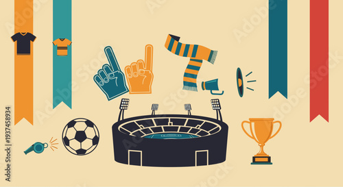 Collage of football-themed items: scarf trophy dartboard pointing hands whistle ball