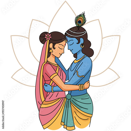 A beautiful illustration of Lord Krishna embracing Radha, with a lotus flower in the background, symbolizing divine love and devotion.