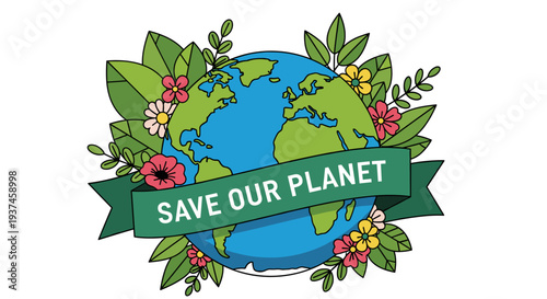 Vibrant illustration of Earth with leaves and flowers for nature conservation