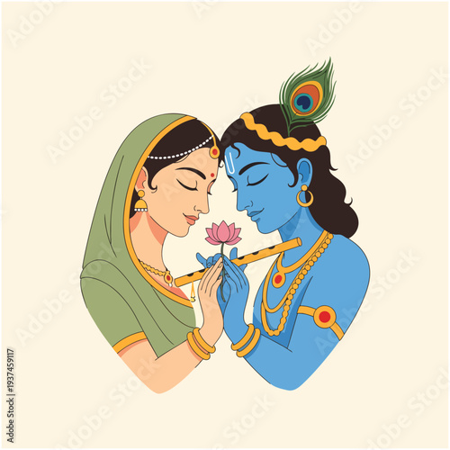 Lord Krishna and Radha sharing a lotus flower, a symbol of divine love and devotion in Hinduism.