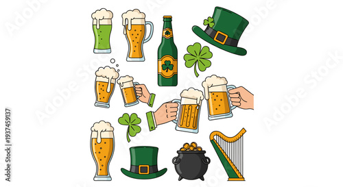 Festive collection of green hats shamrocks beer and a harp