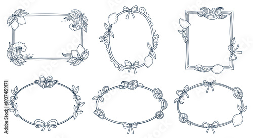 Set of hand draw outline frames with citrus fruit leaves and decorative bows