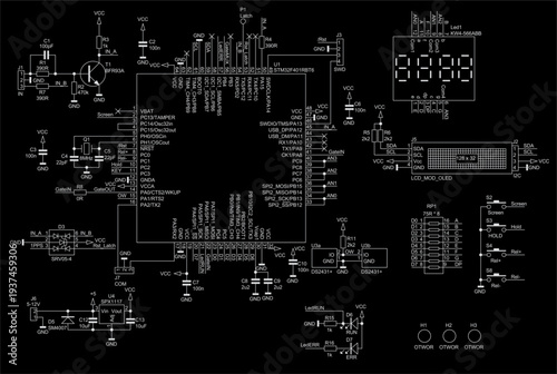 Schematic diagram of digital electronic device 
on paper sheet. Vector drawing electrical circuit with 
integrated circuit, cpu,
lcd display, led, transistor,
capacitor, resistor, other components.