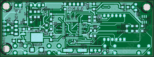 Vector printed circuit board of electronic device with components of radio elements, conductors and contact pads placed on pcb. Engineering technical educational drawing. Computer technic cad design.