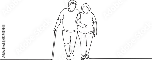 Elderly overweight man and woman with stick. Continuous one line drawing. Vector illustration. one line Icon drawing