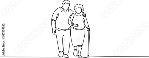 Elderly overweight man and woman with stick. Continuous one line drawing. Vector illustration. one line Icon drawing