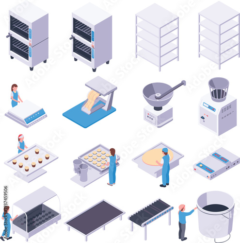 Isometric industrial bakery equipment illustration with automated production line, ovens, mixers, conveyor belts, workers and pastry manufacturing process