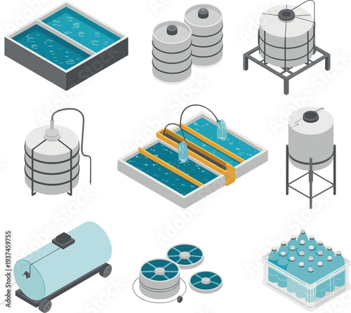 Isometric wastewater treatment system equipment set with filtration tanks purification basins industrial containers sewage processing and water management technology illustration