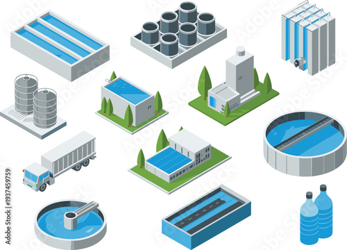 Isometric wastewater treatment plant infrastructure with filtration tanks reservoirs purification systems and water delivery truck vector illustration