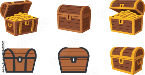 Set of Decorative Wooden Treasure Chests Featuring Antique Designs and Open Trunks Overflowing with Gold Coins for Pirate Adventure.