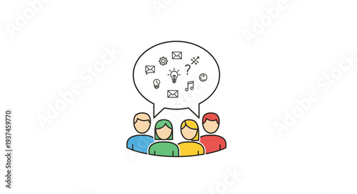 Group of people talking music notes.