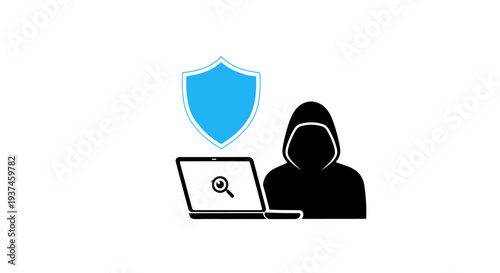 Hacker with laptop and shield icon.