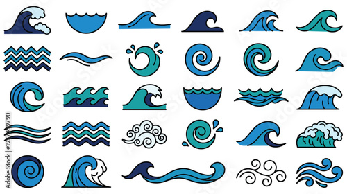 Collection of various wave icons in blue and teal colors