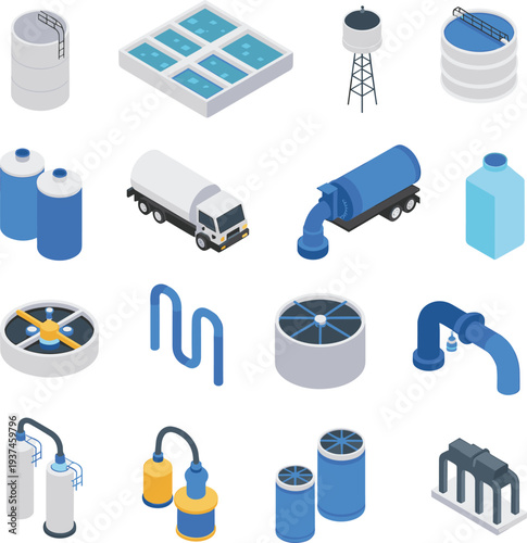 Isometric water treatment and supply system equipment collection including tanks pipes pumps filtration units trucks and storage infrastructure vector illustration