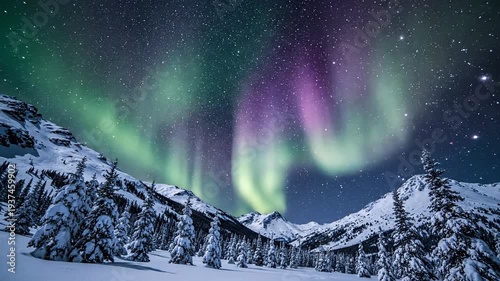 Aurora borealis dances above snow-covered mountains and trees under a starry sky at night