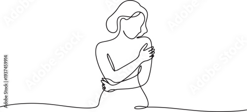 Woman hugging herself in continuous line drawing, Love your body concept, Isolated on the white background, vector illustration. one line Icon drawing