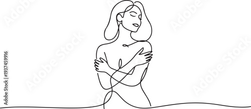 Woman hugging herself in continuous line drawing, Love your body concept, Isolated on the white background, vector illustration. one line Icon drawing