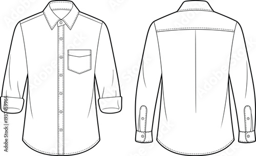 Men long sleeve button down shirt technical drawing front and back view apparel template fashion design outline vector