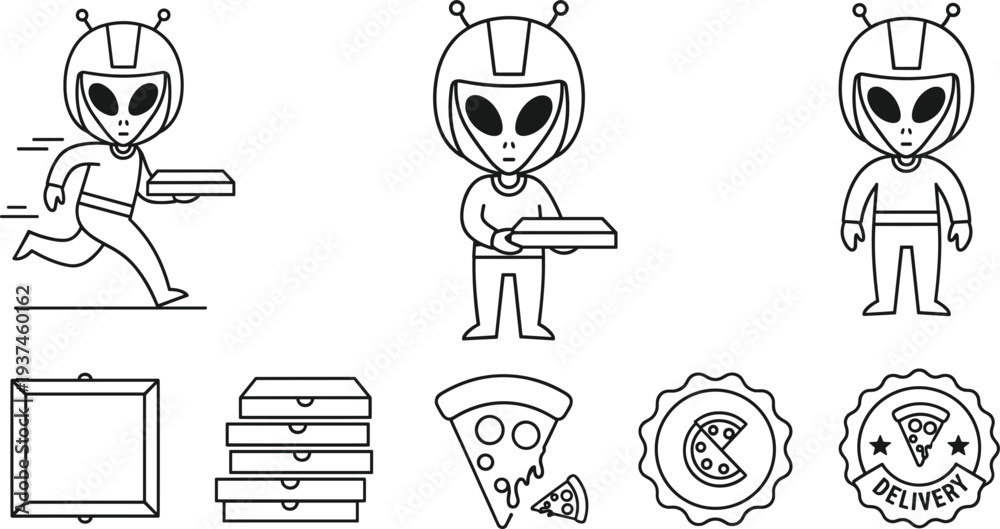 Fototapeta premium Set of Extraterrestrial Pizza Delivery Characters and Fast Food Icons Featuring Alien Couriers and Boxes for Sci-Fi Restaurant Design.
