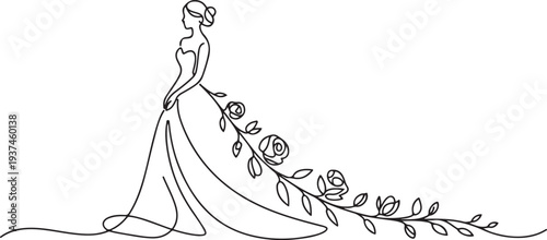 Line art Woman in a long dress minimalist logo for a bridal shop or wedding agency. Beautiful flowering dress in continuous line art drawing style. one line Icon drawing