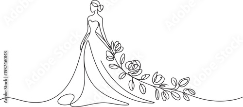 Line art Woman in a long dress minimalist logo for a bridal shop or wedding agency. Beautiful flowering dress in continuous line art drawing style. one line Icon drawing