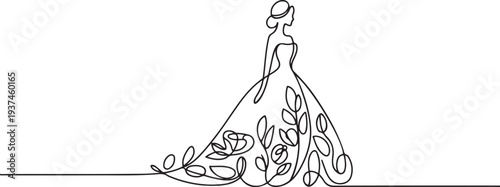 Line art Woman in a long dress minimalist logo for a bridal shop or wedding agency. Beautiful flowering dress in continuous line art drawing style. one line Icon drawing