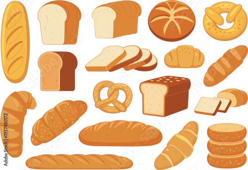 Variety of fresh bakery bread and pastry items isolated on white background flat vector food illustration collection