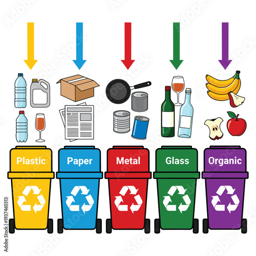 Recycling bins with household waste items for sorting