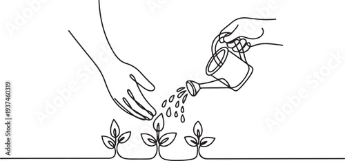 Growing Concept - Hand Watering Young Plants Line art. one line Icon drawing