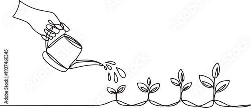Growing Concept - Hand Watering Young Plants Line art. one line Icon drawing