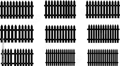 wooden picket fence silhouettes set, garden boundary barrier collection, backyard outdoor fence icons, decorative fence vector illustration