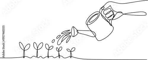 Growing Concept - Hand Watering Young Plants Line art. one line Icon drawing